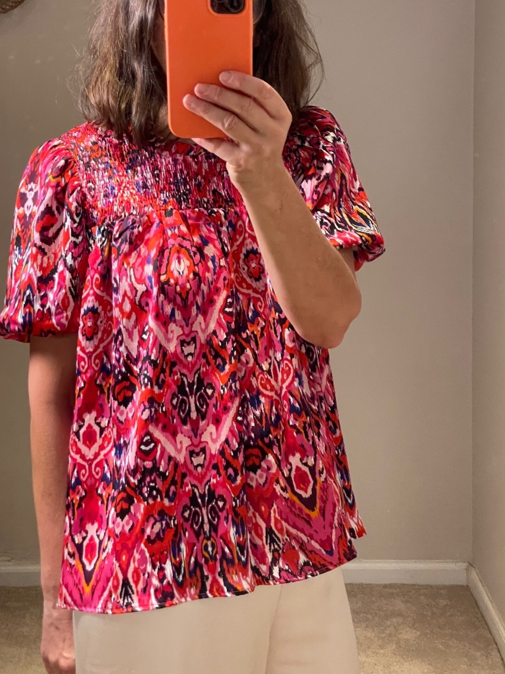TCEC pink abstract print smocked ruffled blouse women M